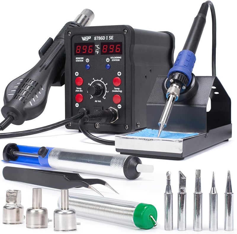 WeP 8786D-I SE Hot Air Soldering Iron Station Kit 2-IN-1 for Rework, Desoldering with Lead-Free Solder Wire, 5 Soldering Tips, 3 Hot Air Nozzles,Tweezers, Desoldering Pump - Image 1